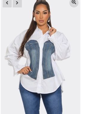 White Button-Down Shirt with Denim Corset Detail - Women's